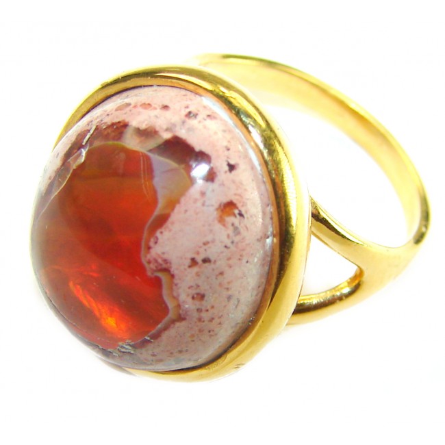 Inner Fire best quality 15.4 carat Mexican Opal 18K Gold over .925 Sterling Silver handmade ring 6 - Close-up of 15.4 carat Mexican Opal ring in 18K gold setting