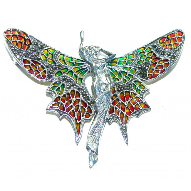 Natural Enamel Elf .925 Sterling Silver Brooch Pendant