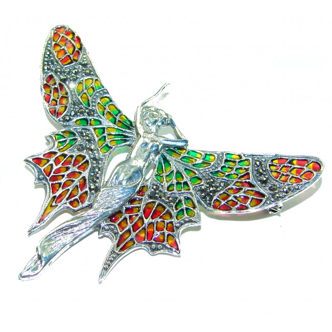 Natural Enamel Elf .925 Sterling Silver Brooch Pendant