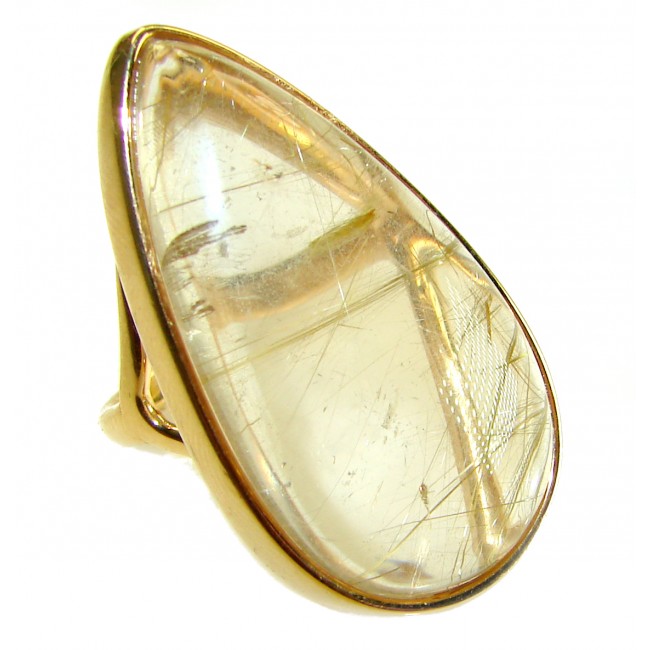 Vintage Design 28.2 carat Himalayan Golden Rutilated Quartz 14K Gold over .925 Sterling Silver handcrafted Ring Size 6 1/2 - Close-up of vintage 28.2 carat Himalayan golden rutilated quartz ring