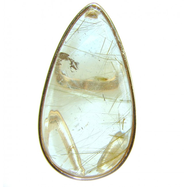 Vintage Design 28.2 carat Himalayan Golden Rutilated Quartz 14K Gold over .925 Sterling Silver handcrafted Ring Size 6 1/2 - Close-up of teardrop Himalayan Golden Rutilated Quartz pendant.