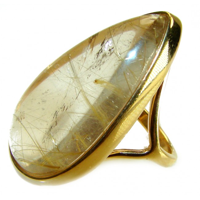 Vintage Design 28.2 carat Himalayan Golden Rutilated Quartz 14K Gold over .925 Sterling Silver handcrafted Ring Size 6 1/2 - Side view of vintage Himalayan Golden Rutilated Quartz ring
