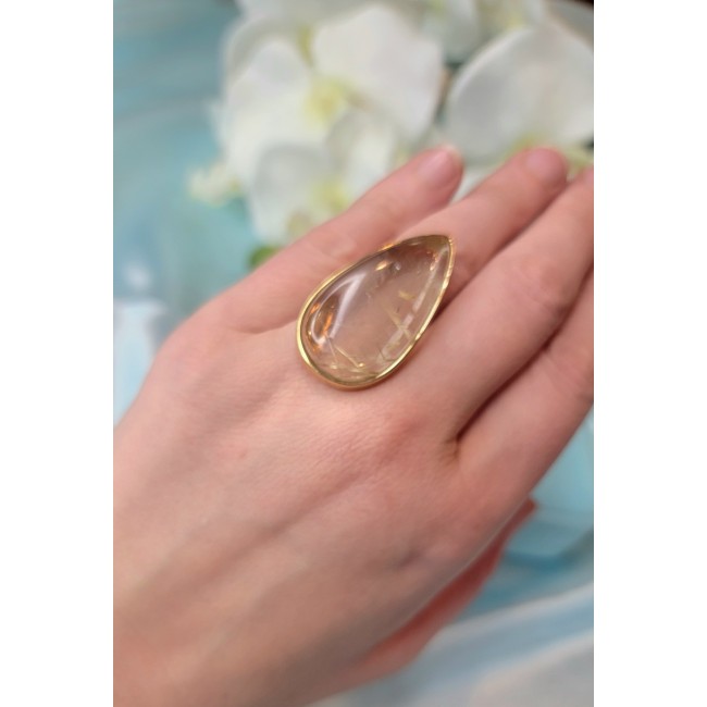 Vintage Design 28.2 carat Himalayan Golden Rutilated Quartz 14K Gold over .925 Sterling Silver handcrafted Ring Size 6 1/2 - Close-up of vintage golden rutilated quartz ring worn on hand.
