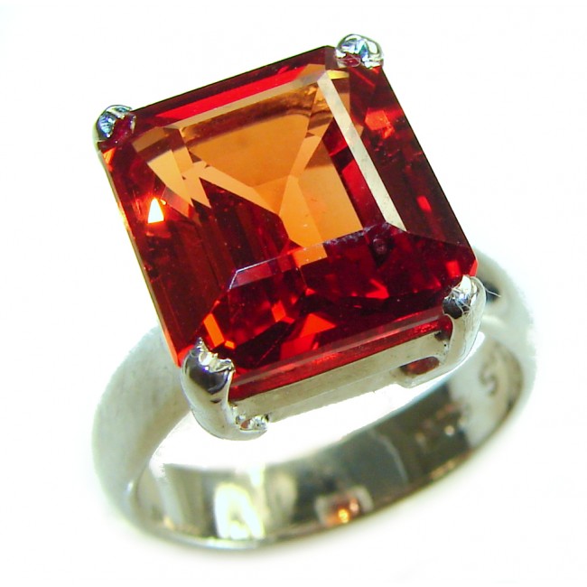 Blooming Rose baguette cut 19.5 carat Orange Sapphire .925 Sterling Silver handmade Statement ring; s. 8