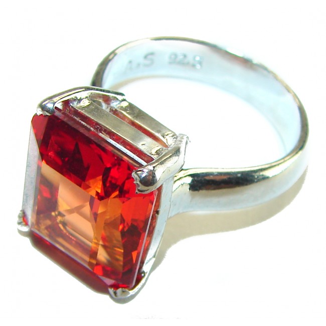 Blooming Rose baguette cut 19.5 carat Orange Sapphire .925 Sterling Silver handmade Statement ring; s. 8