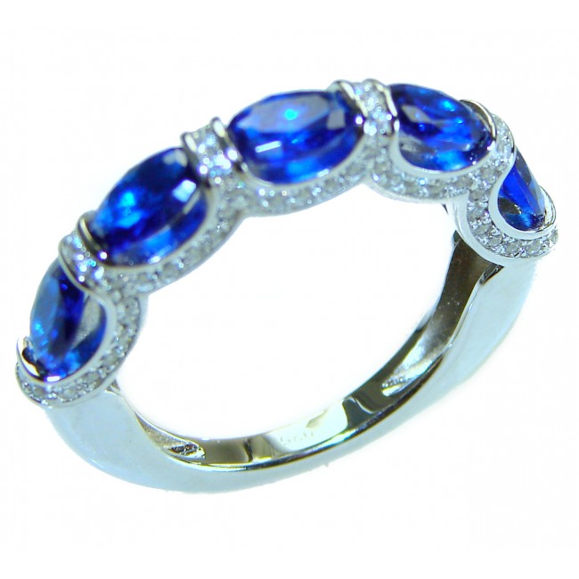 Extravaganza 4.5 carat White Topaz Sapphire .925 Sterling Silver brilliantly handcrafted ring s. 6 1/2 - Side view of sterling silver ring with blue sapphires and white topaz