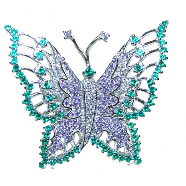 Born to Glam -Large Green Butterfly- authentic 11.5 carat Emerald .925 Silver handcrafted Ring s. 7 1/4 - Front view of large green and purple butterfly brooch with gemstones