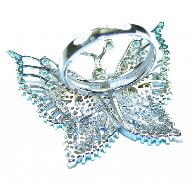 Born to Glam -Large Green Butterfly- authentic 11.5 carat Emerald .925 Silver handcrafted Ring s. 7 1/4 - Butterfly jewelry top view with green stones and 11.5 carat detail.