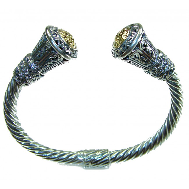 Heavy and Solid 39.5 grams authentic 14K Gold over .925 Sterling Silver handcrafted bracelet - Top view of ornate cuff bracelet with gold accents
