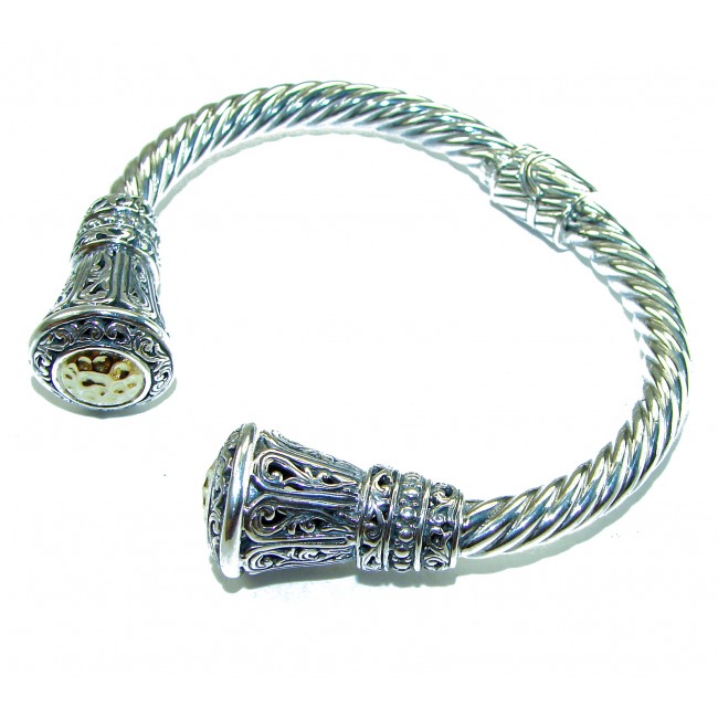 Heavy and Solid 39.5 grams authentic 14K Gold over .925 Sterling Silver handcrafted bracelet - Silver and gold bracelet with intricate design, top view.
