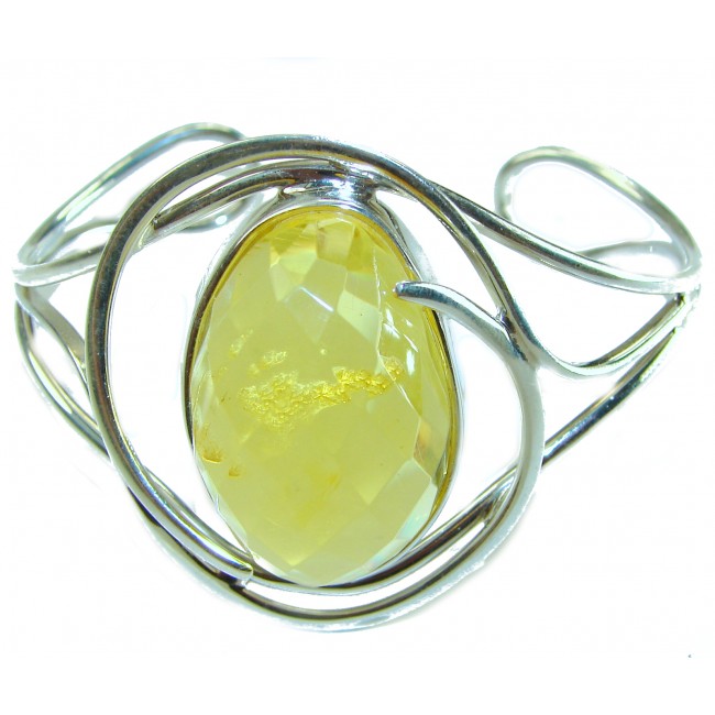 Vintage Design Genuine faceted Butterscotch Polish Amber .925 Sterling Silver handmade Bracelet / Cuff - Front view of vintage silver bracelet with faceted butterscotch amber.