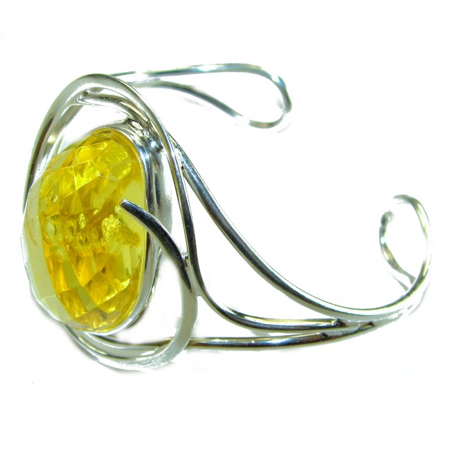 Vintage Design Genuine faceted Butterscotch Polish Amber .925 Sterling Silver handmade Bracelet / Cuff - Side view of vintage bracelet with faceted butterscotch amber stone