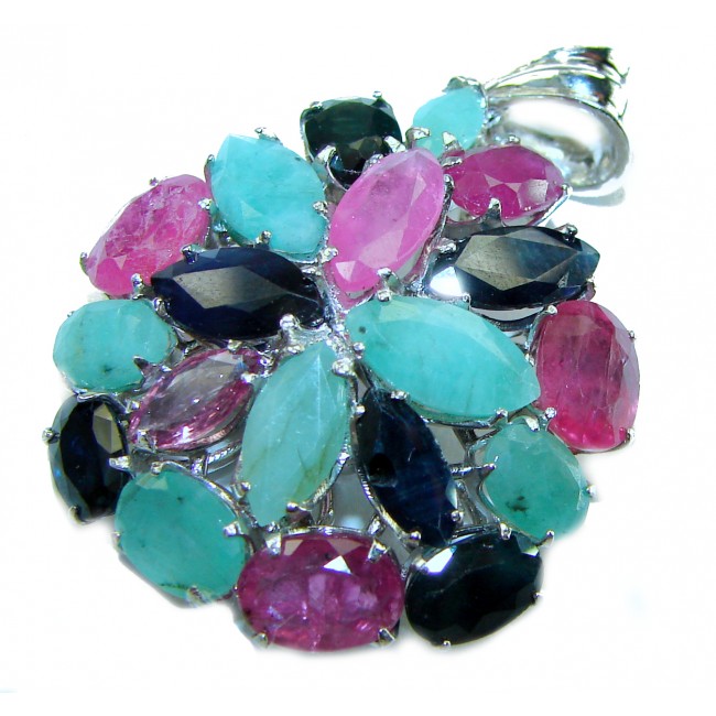 Precious Genuine 21.5 carat Emerald Ruby Sapphire .925 Sterling Silver handmade Pendant - Gemstone pendant with emerald, ruby, sapphire, top view.