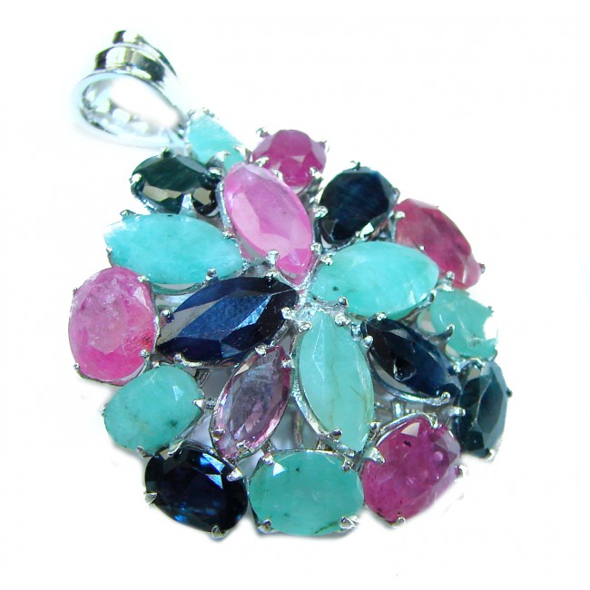 Precious Genuine 21.5 carat Emerald Ruby Sapphire .925 Sterling Silver handmade Pendant - Colorful gemstone pendant, top view, featuring emerald, ruby, and sapphire.