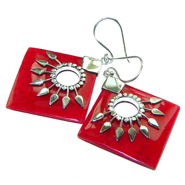 Large Genuine Red Fossilized Coral .925 Sterling Silver handmade earrings