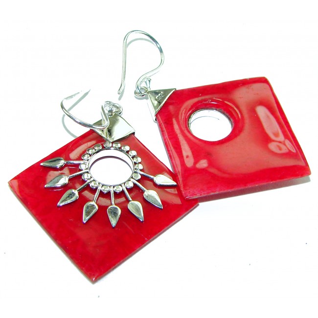 Large Genuine Red Fossilized Coral .925 Sterling Silver handmade earrings