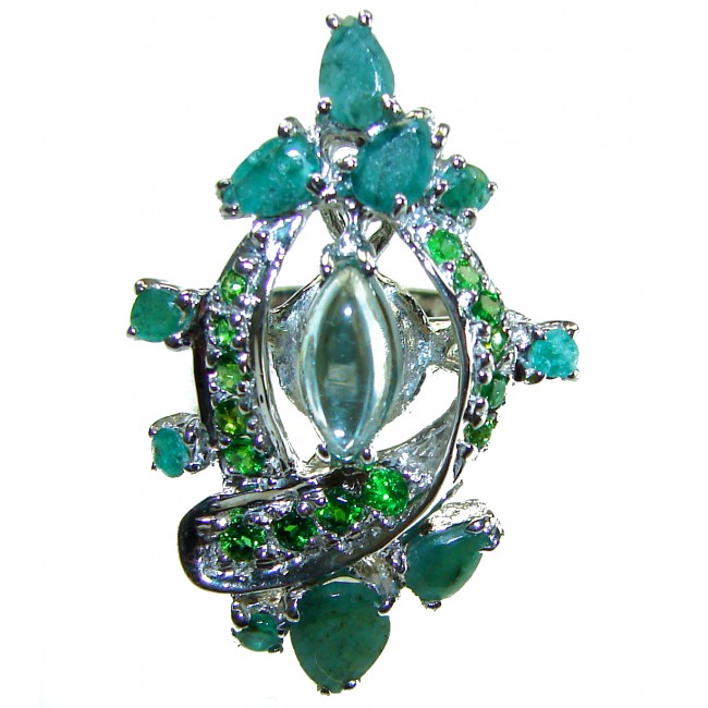 Risaralda Genuine Green Amethst Colombian Emerald .925 Sterling Silver handcrafted Statement ring s. 6 - Green amethyst and emerald ring, frontal view showing stone details.