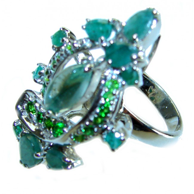 Risaralda Genuine Green Amethst Colombian Emerald .925 Sterling Silver handcrafted Statement ring s. 6 - Side view of Risaralda green amethyst and emerald ring in .925 sterling silver.