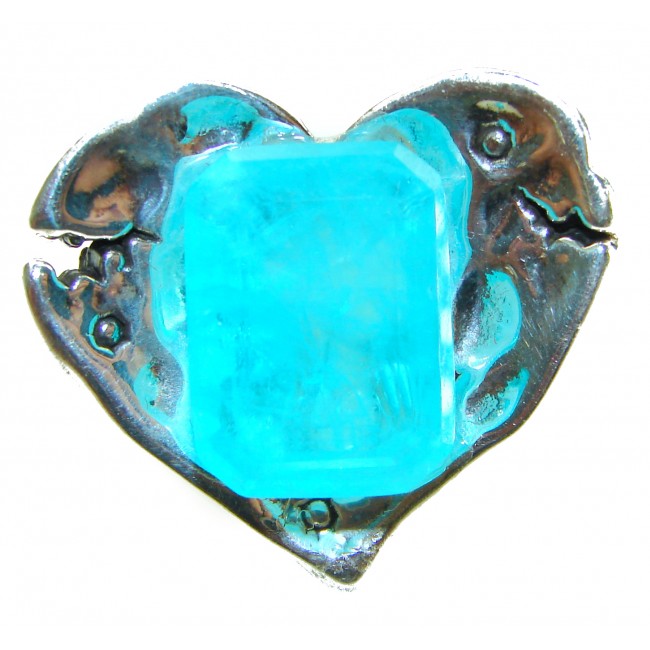 Love 27.5 carat heart shape Paraiba Tourmaline .925 Sterling Silver LARGE Ring size 6