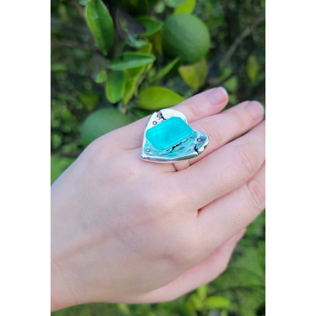 Love 27.5 carat heart shape Paraiba Tourmaline .925 Sterling Silver LARGE Ring size 6