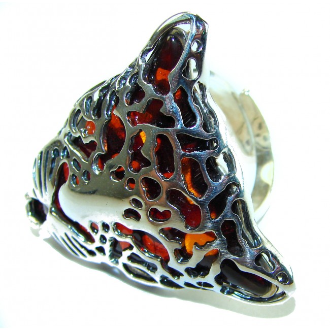 Precious Cheetah Baltic Amber .925 Sterling Silver handmade Large ring size 9 adjustable