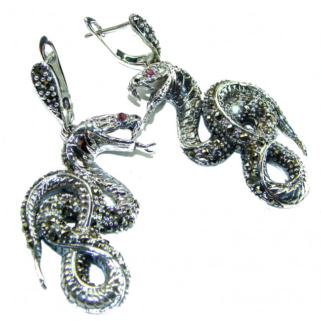 Snakes Ruby Marcasite .925 Sterling Silver handcrafted Earrings