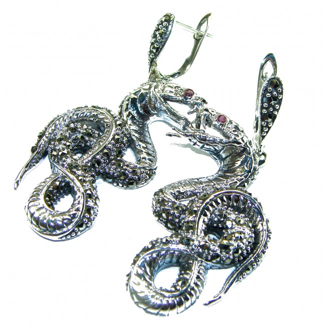 Snakes Ruby Marcasite .925 Sterling Silver handcrafted Earrings