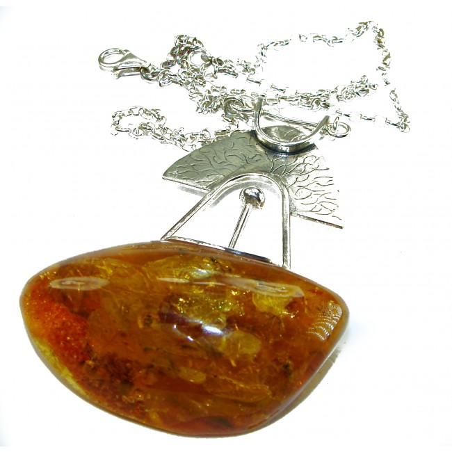 Natural large Beauty Golden Polish Amber .925 Sterling Silver handmade necklace - Amber pendant with sterling silver, front view with chain detail.