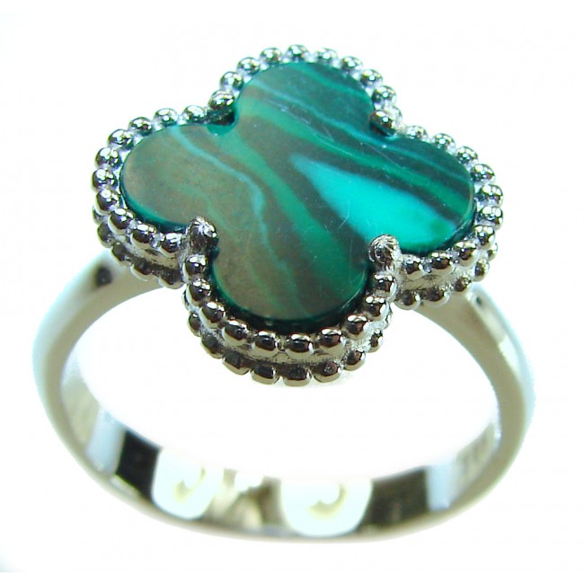 Four Clover genuine inlay Malachite .925 Sterling Silver handcrafted ring size 7 1/4