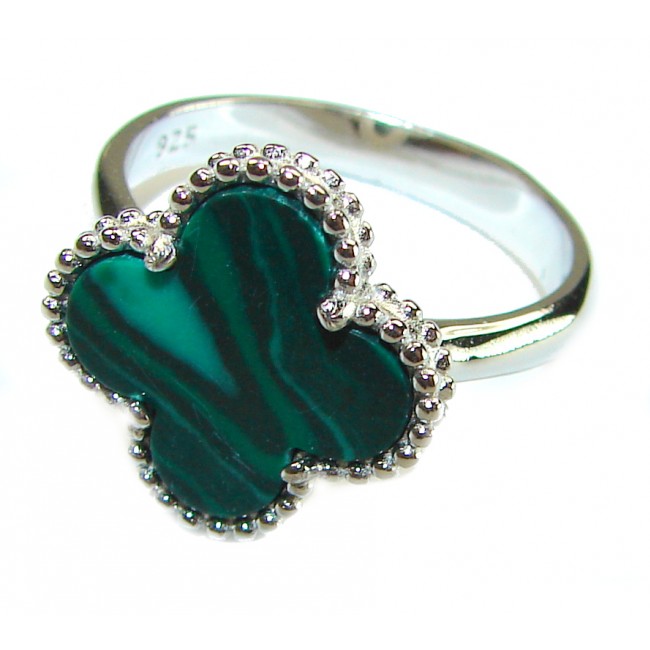 Four Clover genuine inlay Malachite .925 Sterling Silver handcrafted ring size 7 1/4