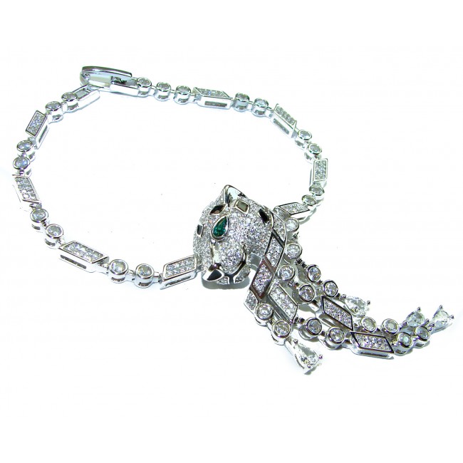 Cheetah 22.2 carat Emerald black enamel .925 Sterling Silver .925 Sterling Silver handcrafted Bracelet - Cheetah bracelet with emerald eyes and diamonds, top view.
