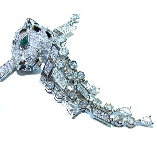 Cheetah 22.2 carat Emerald black enamel .925 Sterling Silver .925 Sterling Silver handcrafted Bracelet - Close-up of cheetah design with emerald and diamonds in silver setting.