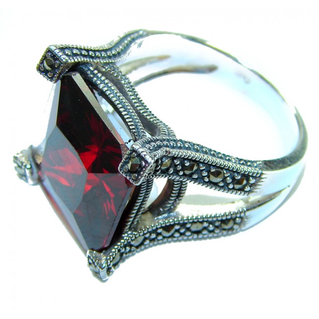 Natural 11.5 carat Ruby .925 Sterling Silver handmade Statement Ring size 8 - Close-up of ruby and sterling silver ring with ornate detailing.