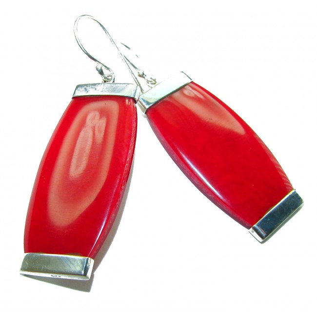Large Genuine Red Fossilized Coral .925 Sterling Silver handmade earrings