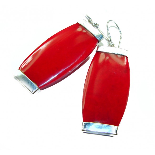 Large Genuine Red Fossilized Coral .925 Sterling Silver handmade earrings