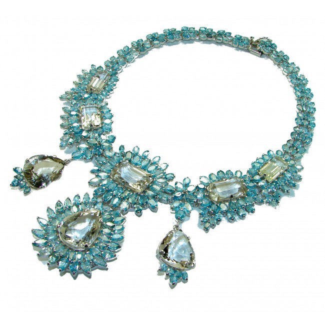 Giovanna Incredible Design 388.5 carat Champagne Topaz Swiss Blue Topaz .925 Sterling Silver handmade Large Statement necklace