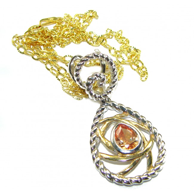 Mystery Natural Golden Topaz 2 tones .925 Sterling Silver handcrafted necklace - Golden topaz pendant with silver chain, close-up angle.