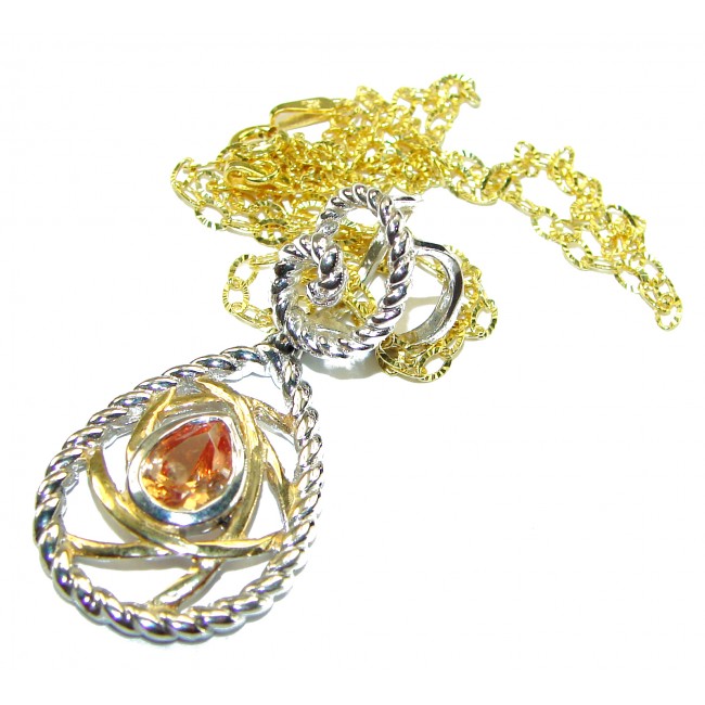 Mystery Natural Golden Topaz 2 tones .925 Sterling Silver handcrafted necklace - Golden Topaz pendant and chain close-up in two-tone sterling silver.