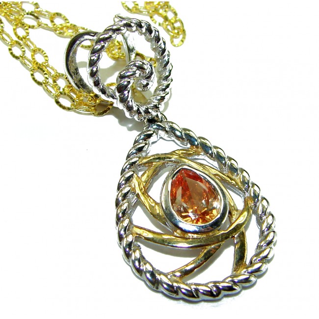Mystery Natural Golden Topaz 2 tones .925 Sterling Silver handcrafted necklace - Close-up of sterling silver pendant with golden topaz and rope design.