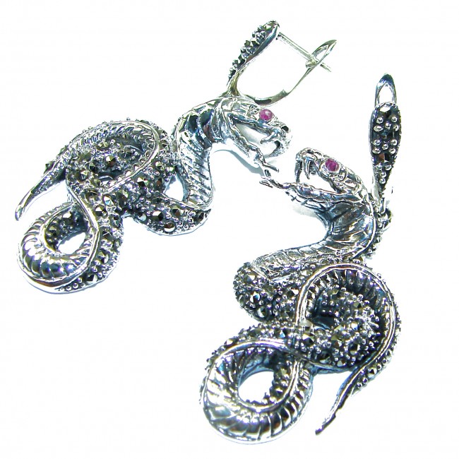 Snakes Ruby Marcasite .925 Sterling Silver handcrafted Earrings