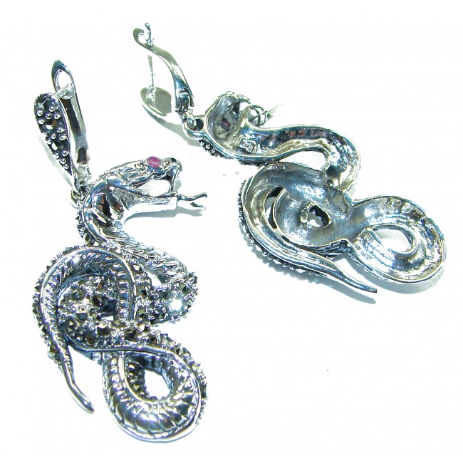 Snakes Ruby Marcasite .925 Sterling Silver handcrafted Earrings