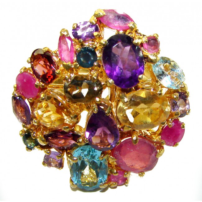 Blooming Garden - Authentic 19.5 carat Multigem 18K Gold over .925 Sterling Silver handcrafted Large Ring size 8 3/4