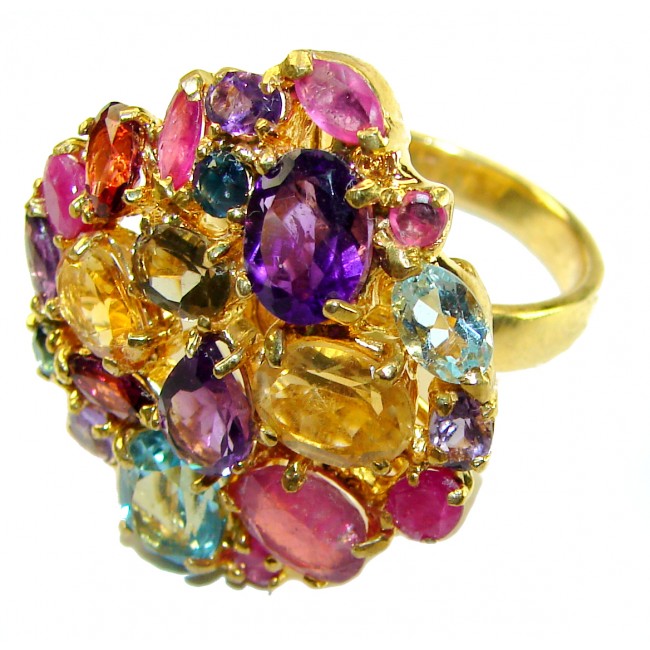 Blooming Garden - Authentic 19.5 carat Multigem 18K Gold over .925 Sterling Silver handcrafted Large Ring size 8 3/4