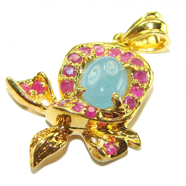 Eau Pure authentic 3.5 carat Aquamarine 14K Gold over.925 Sterling Silver Handcrafted pendant - Aquamarine pendant with pink gems in gold setting, angled view.