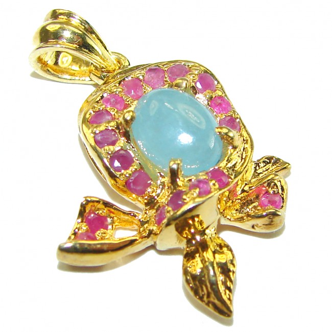 Eau Pure authentic 3.5 carat Aquamarine 14K Gold over.925 Sterling Silver Handcrafted pendant - Pendant front view with aquamarine and pink stones in gold setting.
