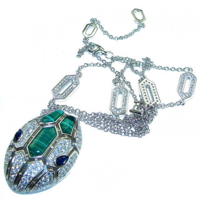 Great Masterpiece Snake's Head genuine 4.1 carat Malachite .925 Sterling Silver handmade necklace
