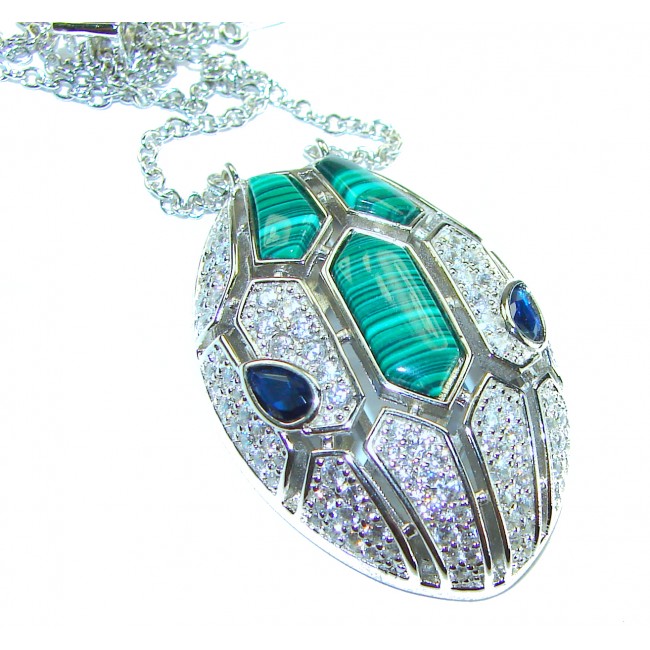 Great Masterpiece Snake's Head genuine 4.1 carat Malachite .925 Sterling Silver handmade necklace