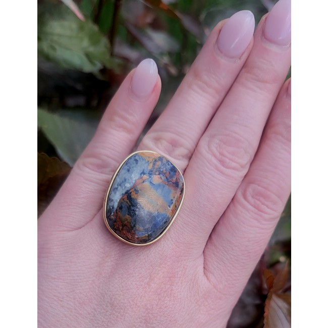 Large Silky Golden Pietersite 14K Gold over .925 Sterling Silver handmade Ring size 8