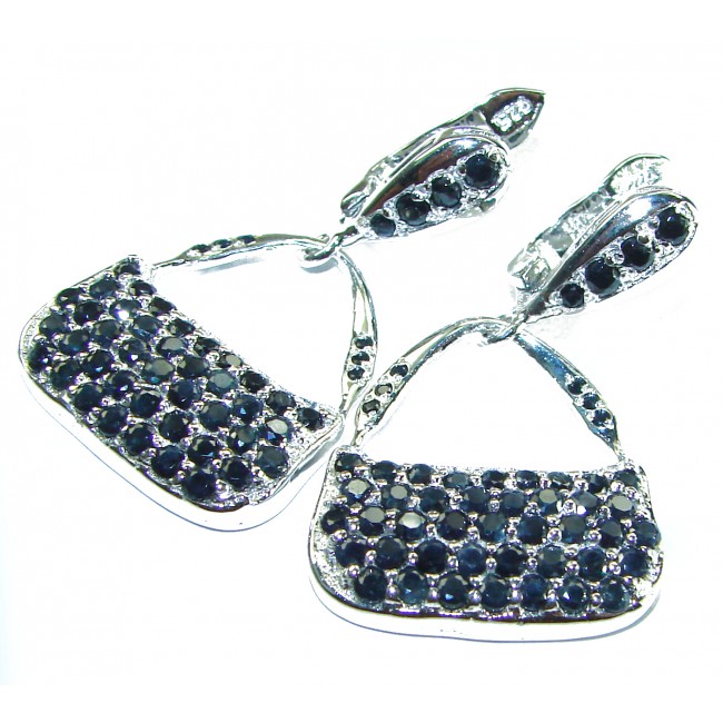 Luxurious BlueBags authentic 10.8 carat Sapphire black rhodium .925 Sterling Silver handcrafted earrings - Elegant sapphire earrings shaped like bags, close-up view.