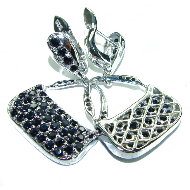 Luxurious BlueBags authentic 10.8 carat Sapphire black rhodium .925 Sterling Silver handcrafted earrings - Luxurious BlueBags sapphire earrings, close-up of intricate clasp detail.